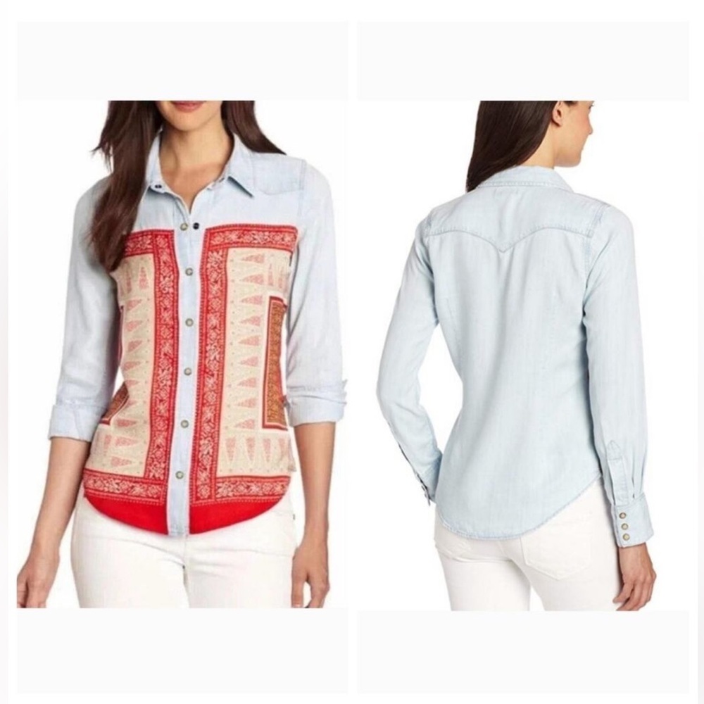 Lucky Brand Western Pearl Snap Shirt Bandana Chambray Coastal Cowgirl Medium